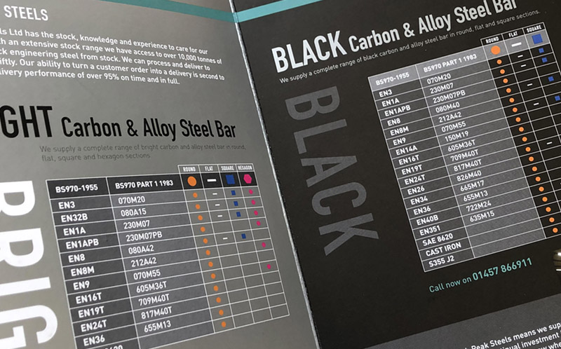Brochure design - close up of open brochure for steel stock company